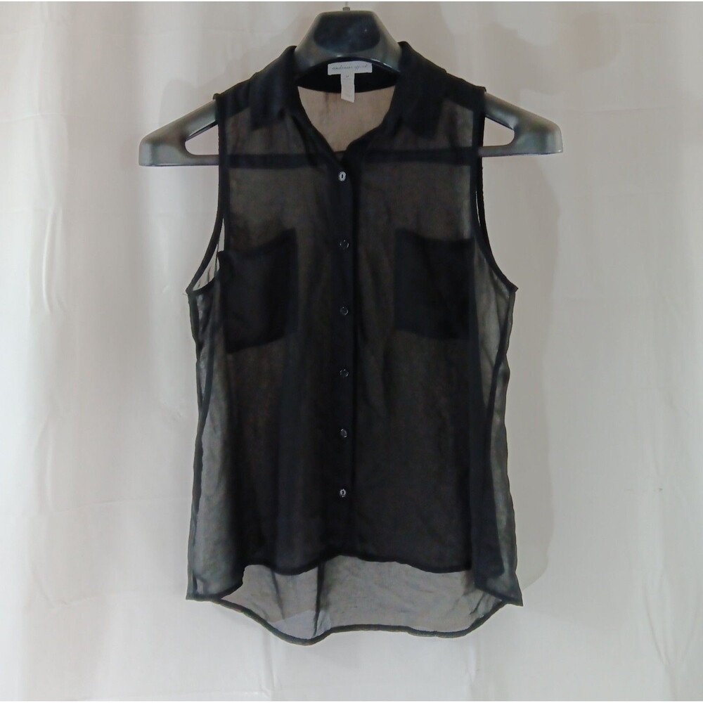 Ambiance Apparel Shirt Women's Medium Button Front Sheer Black Pockets